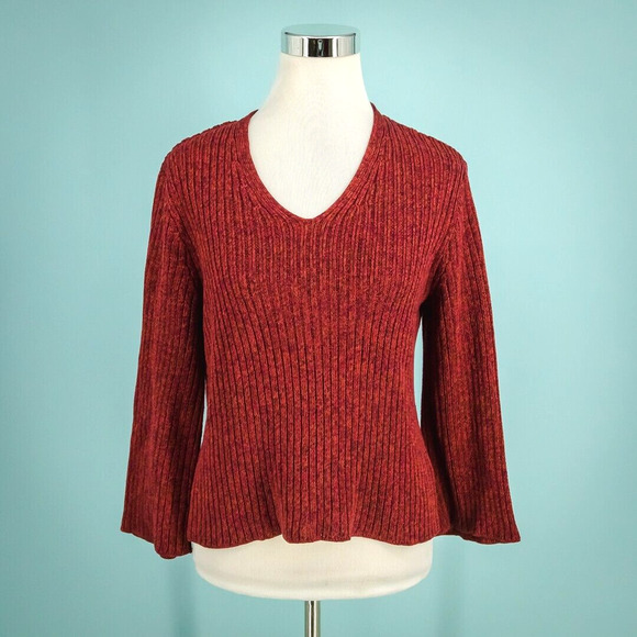Peruvian Connection Size Medium M Red Ribbed Knit V Neck Pima Cotton Sweater - Picture 1 of 5